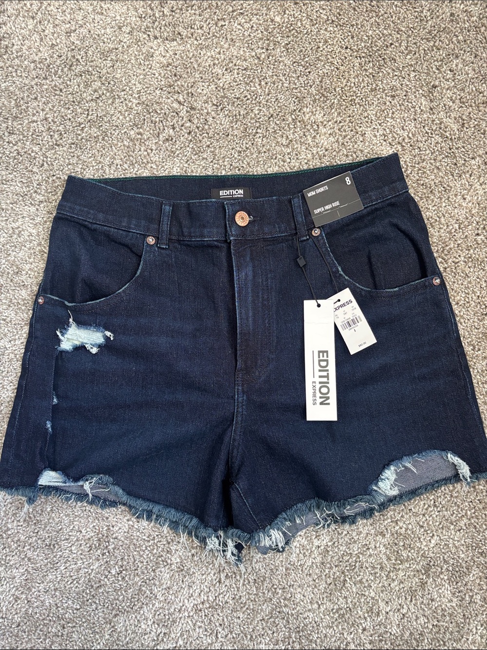 Express Women’s Super High Rise Mom Shorts Destroyed Denim